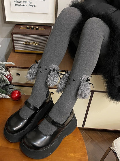 ダークグレーのスイートパピーイヤーリボンタイツ