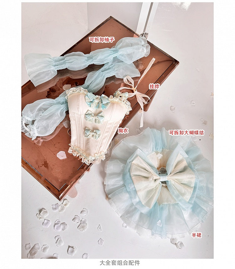 Grünes Mieder-Korsett-Oberteil mit Schleifenverzierung und bauschigem Rock, gelbes Balletcore-Set