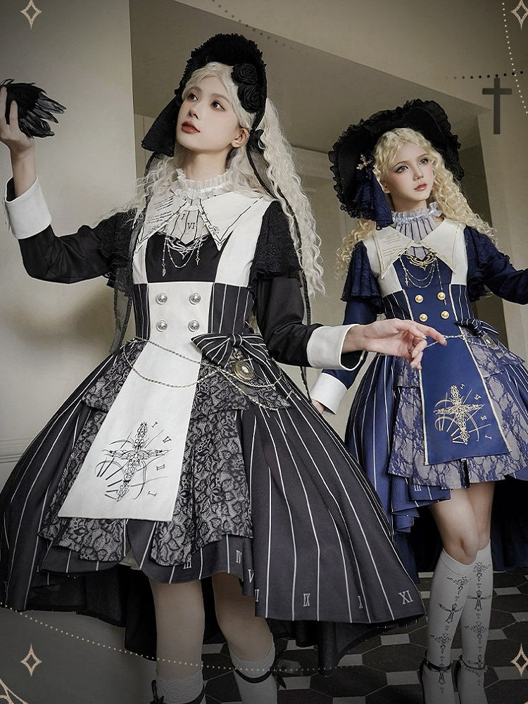 Chain+Pocket Chain+Detachable Collar Watch Embroidery+Waist Cross White Set Full Dress Striped with Nun Lolita Belt+Waist Black