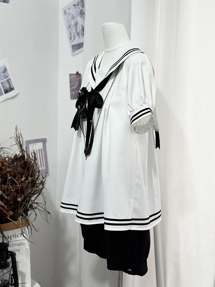 and Sailor Collar Black Shirt White Shorts Sleeves Short