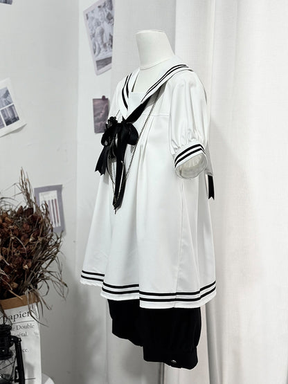 and Sailor Collar Black Shirt White Shorts Sleeves Short