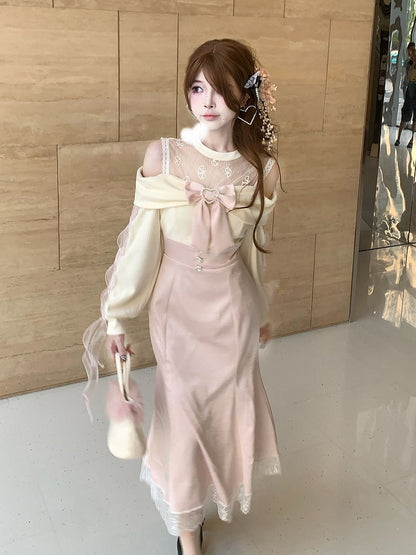 Beige Dress Tie Detail Off-Shoulder Sleeve Crossed Jirai Pink in Kei Bow with Elegant