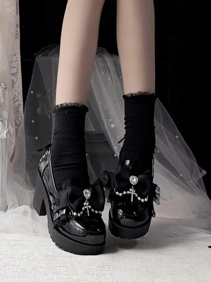 Black Kawaii Heart Crystal Shoes with Bow & Pearl Chain - Sarina