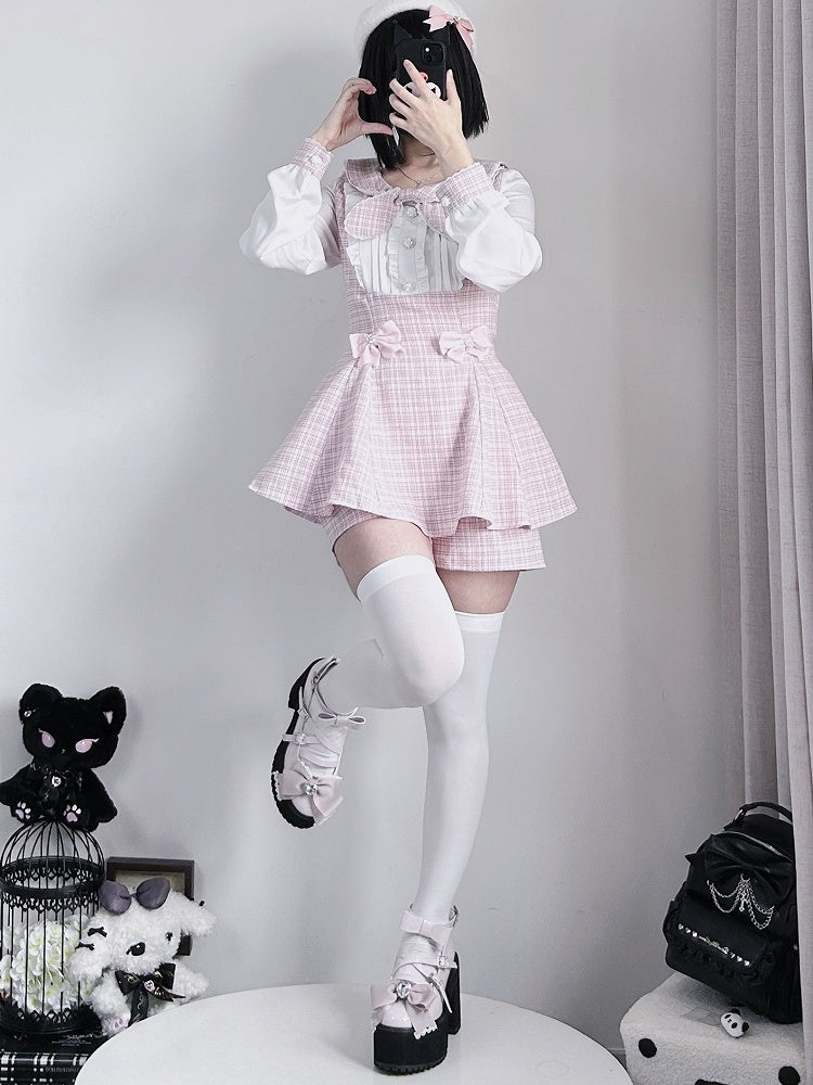 Kei Design Ärmel Top Plaid Outfit-Plisseeing + Details Jirai Bowknot Shorts Rosa Lange