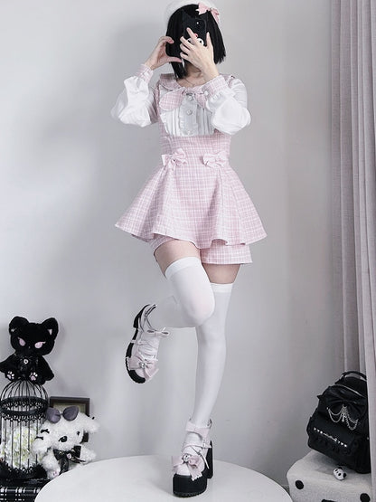 Kei Design Ärmel Top Plaid Outfit-Plisseeing + Details Jirai Bowknot Shorts Rosa Lange