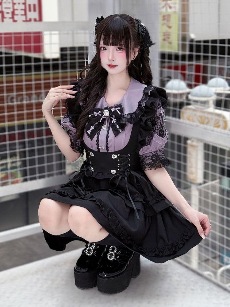 Set Lace-up Overall Skirt Jirai Waist Kei Purple Peter Pan Collar Blouse with Black