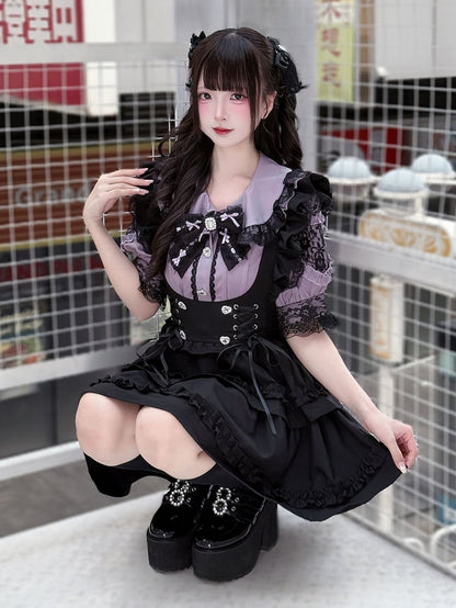 Set Lace-up Overall Skirt Jirai Waist Kei Purple Peter Pan Collar Blouse with Black
