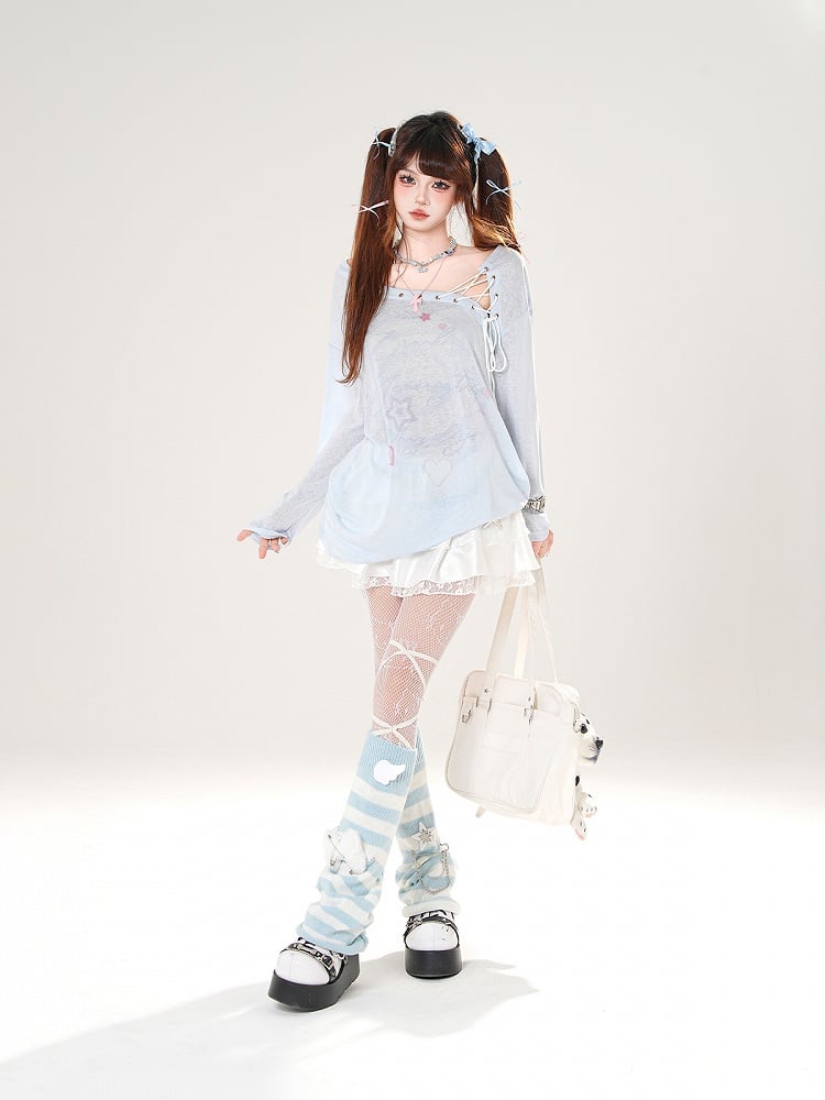 Lace-up Asymmetrical Neckline Blue/White Semi-sheer Coverup