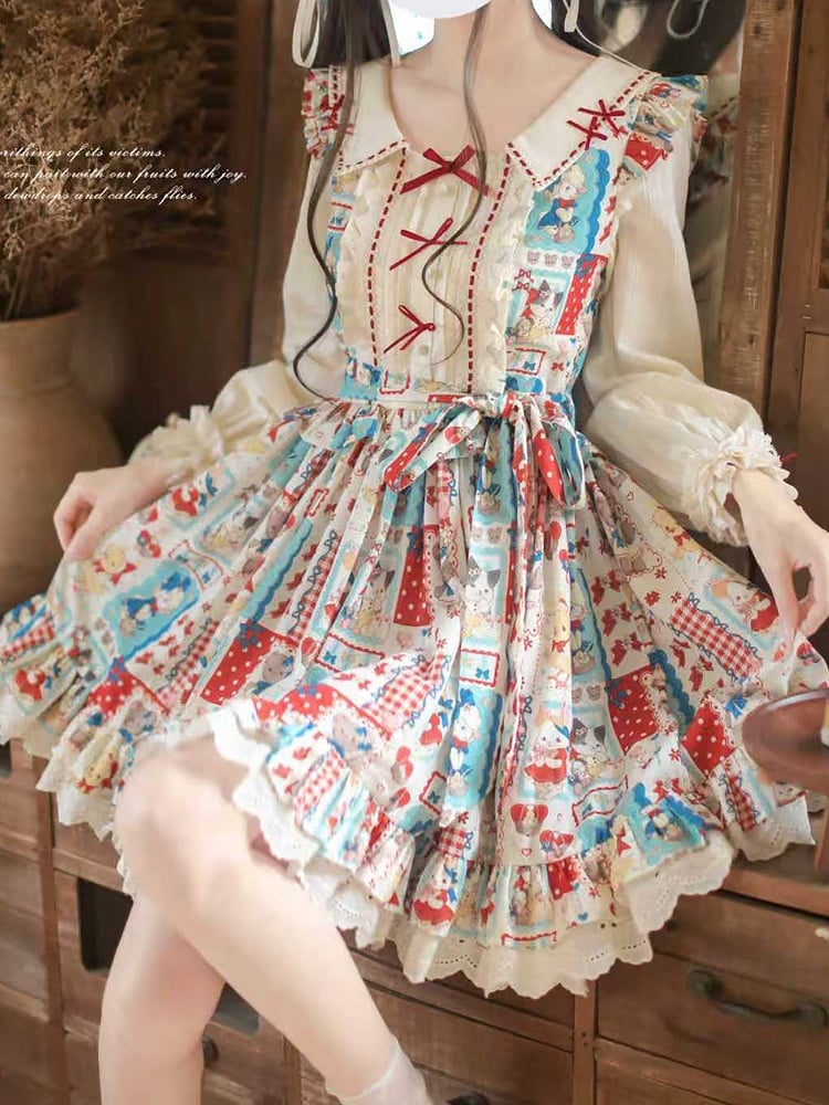 Red with Style Patchwork Long Lolita Blue Showa Dress: Sleeve Belt Sweet Waist Retro