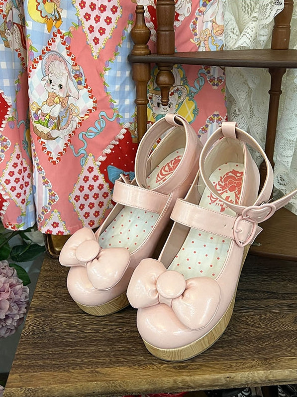 Platform - Shoes Top Buckles at Bow PU Sweet Heart Baby Pink