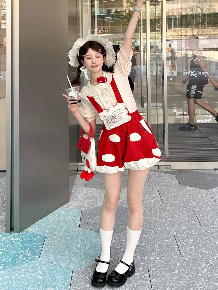 Fleece Detachable Spot Straps White Red Applique with Short Lolita Mushroom Sweet Bubble
