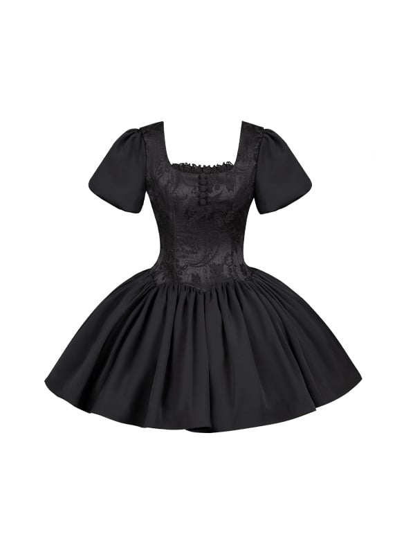 Black Boned Waist Square Neckline Elegant Lolita Dress Short Version