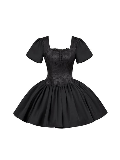 Black Boned Waist Square Neckline Elegant Lolita Dress Short Version