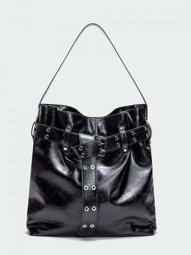 Elegant Black Tote Bag With Belt Buckle Accent - Perfect For Commuting