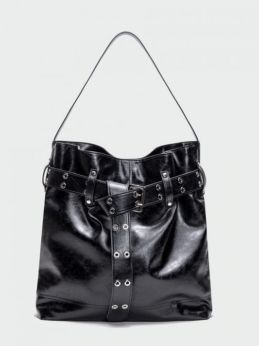 Elegant Black Tote Bag With Belt Buckle Accent - Perfect For Commuting