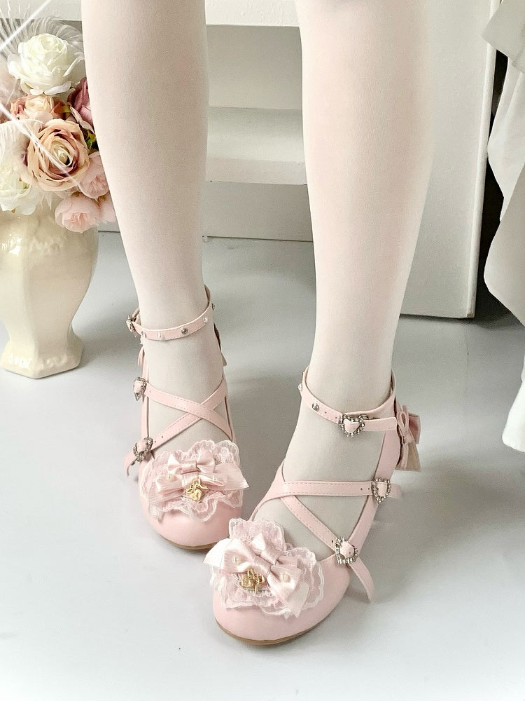 Pink High - Design Heel Embellishments Bow Janes Mary PU with Light Crisscross Sweet Leather