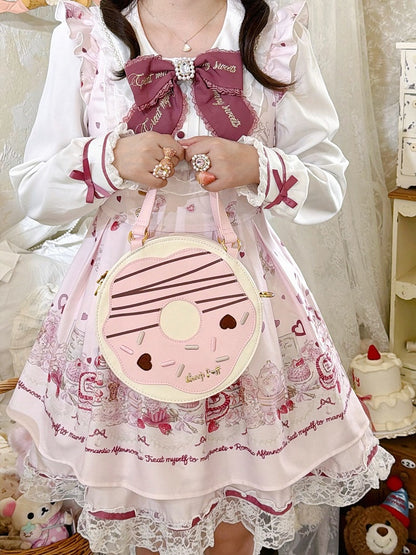 Donut Pink and White Round Crossbody Bag with Top Handle - Sheep Puff Bag