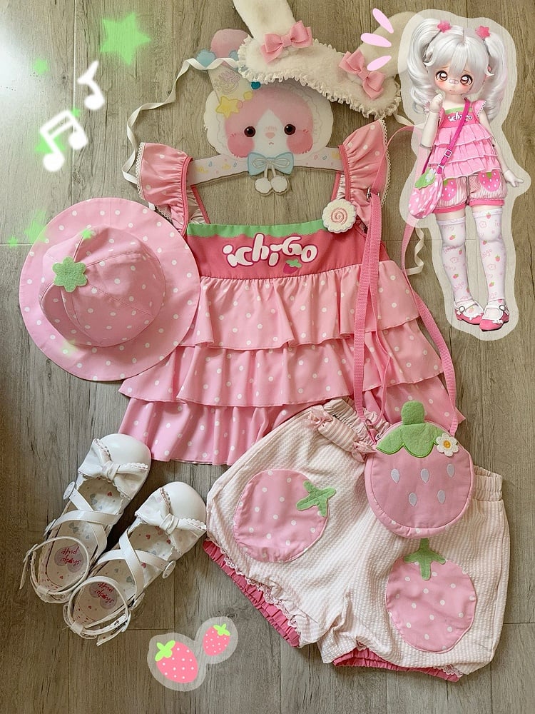 Strawberry Polka Dot Soft Girl Coord Pink Set - Flutter Sleeve Layered Top Strawberry Applique Shorts