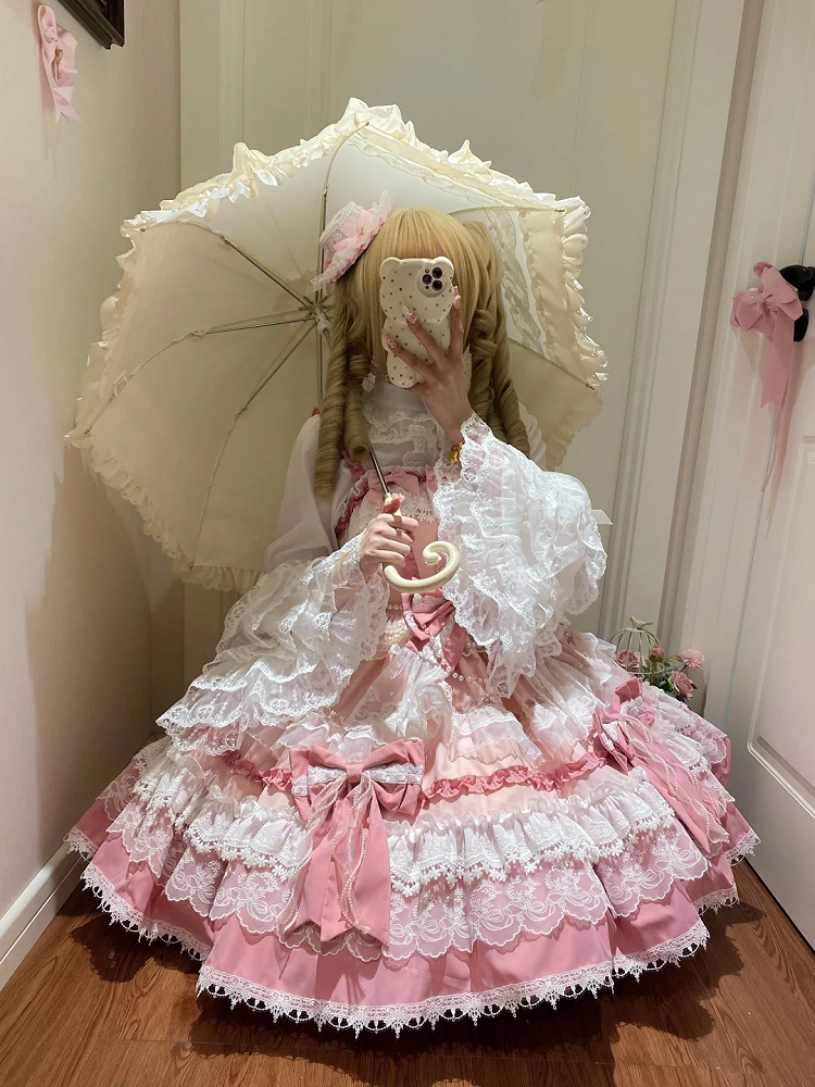 Pink Bead Sweet Dress Details Bows Detachable and Lolita Tiered Skirt