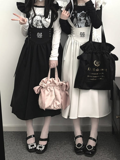 Schwarz-weißes Kitty Jirai Kei Overallkleid mit Schnürdetail