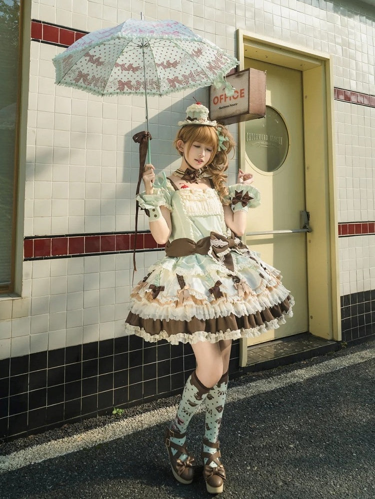 Waist Mint Bowknot Green Chocolate Details Lolita Dropped Layered Dress Sweet Hem