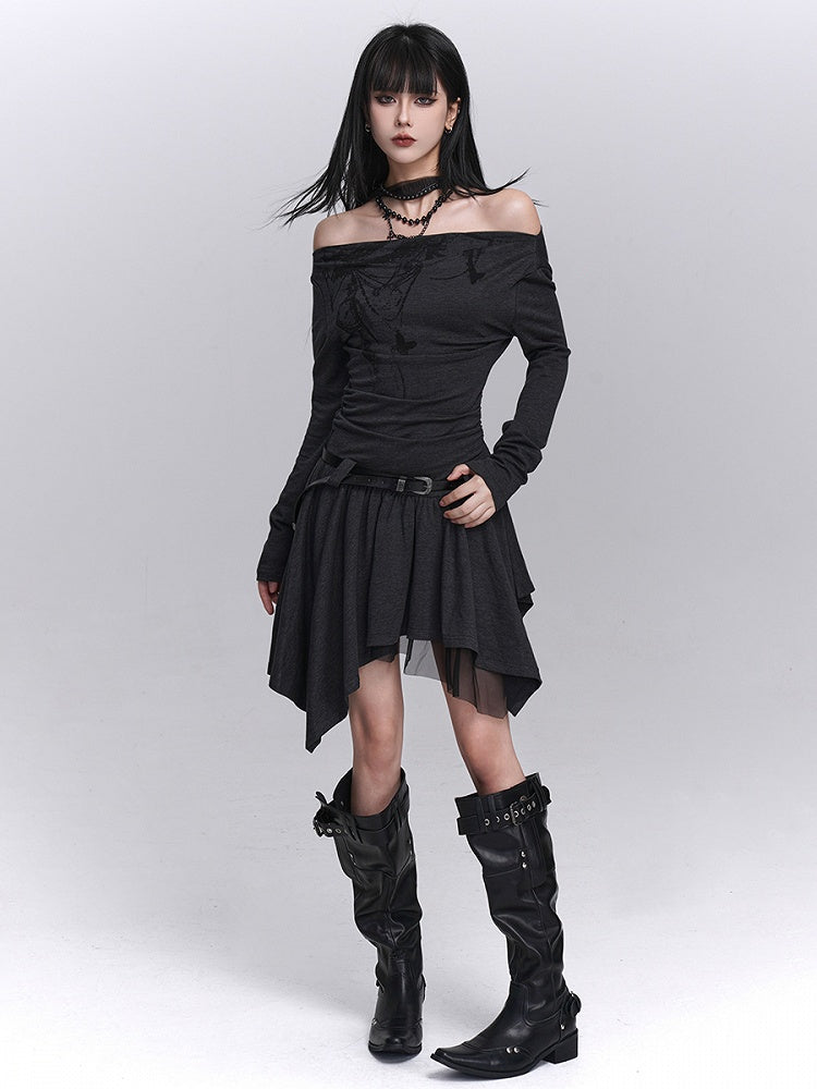 Off-Shoulder Dark Gray Dress Strap Graffiti Hem with Neck Gothic Handkerchief