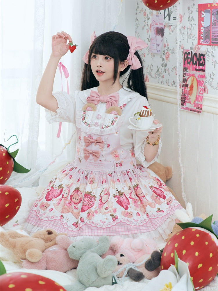 ホワイト＆ピンクのリボン付きピーターパンカラーのスイートロリータブラウス