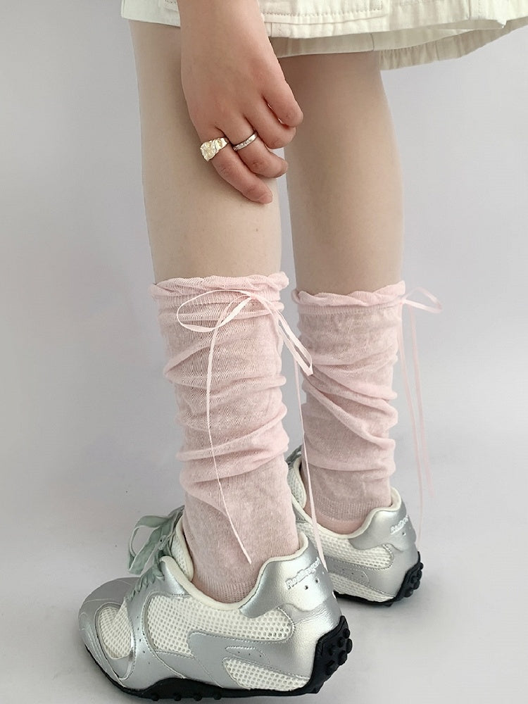 Socks Ribbon Calf Bow Decorated White/Gray/Pink Cream