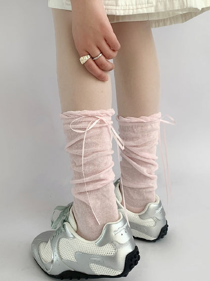 Socks Ribbon Calf Bow Decorated White/Gray/Pink Cream
