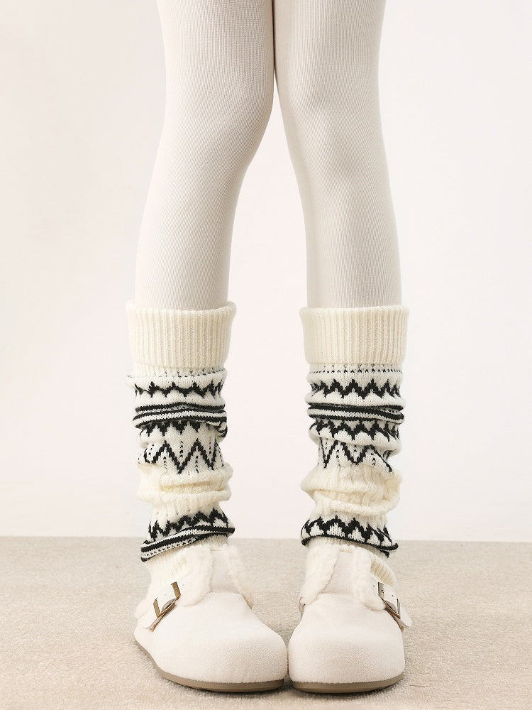 Creamy Pattern Geometric Retro Knitted Striped White/Dark Leg Warmers Gray/Black