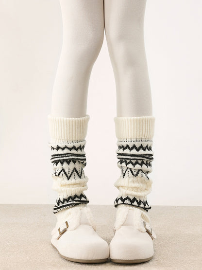 Creamy Pattern Geometric Retro Knitted Striped White/Dark Leg Warmers Gray/Black