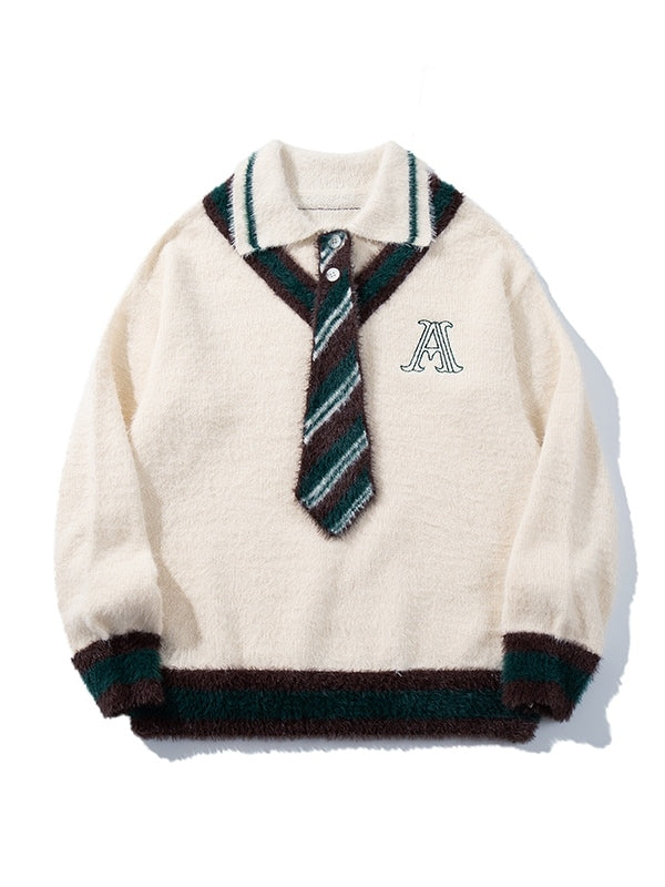 グレー/ホワイトのポロカラー プレッピースタイル セーター（ニットタイ付き）