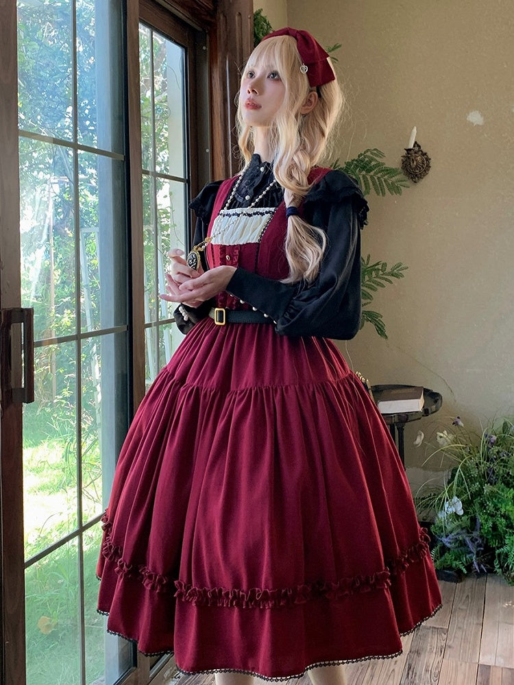 Red Elegant Classic Lolita JSK Dress with Ruffled Front Placket and Lace Trim