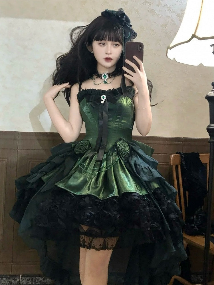 Black Lolita Bouquet Boned with Rose Dress Strapless Hem Green Gothic