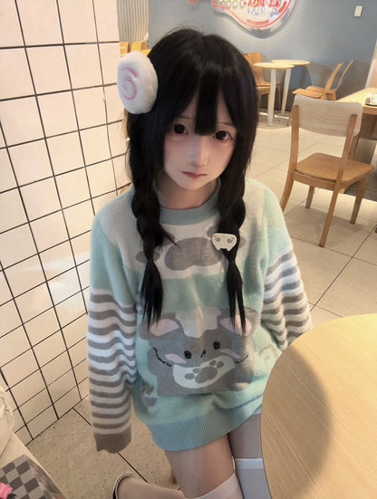 Sleeves Drop Spring/Fall Faux Fur Shoulder Kawaii Chef Sweater Mouse Striped with for