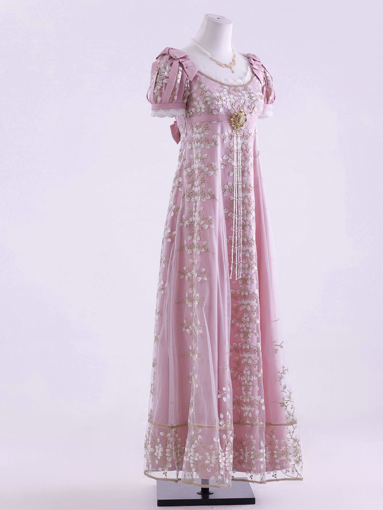 ピンクのエンパイアウエストリージェンシーエレガントロリータマキシドレス足首丈バージョン