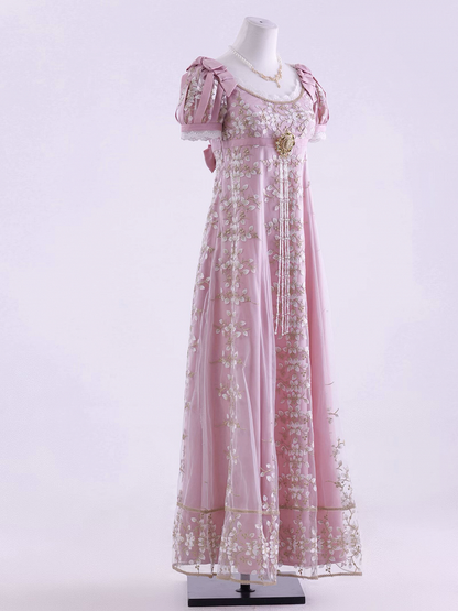 ピンクのエンパイアウエストリージェンシーエレガントロリータマキシドレス足首丈バージョン