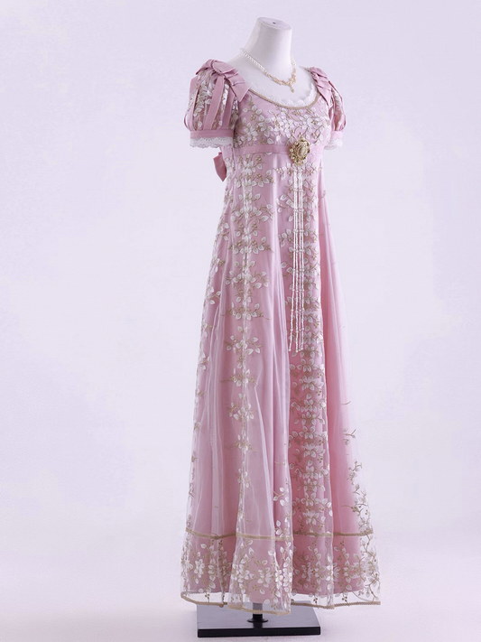 ピンクのエンパイアウエストリージェンシーエレガントロリータマキシドレス足首丈バージョン