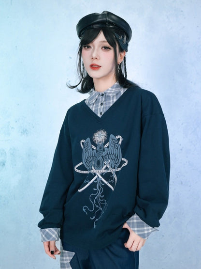 Navy Faux Two-Piece Plaid Collared Long Sleeve Shirt with Sea Angel Graphic - Quirky Hut