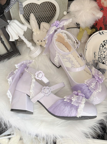 Purple Sweet Lolita Shoes with Cherry Flower Theme and Back Bow - XIN MENG