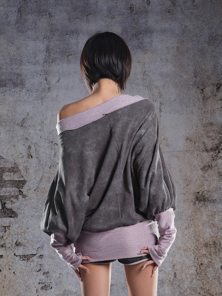 Sleeves Punk Two-piece Top with Batwing Gray-Pink