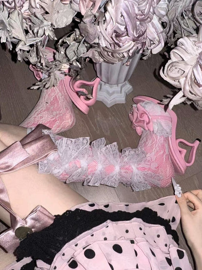 Pink Heart Shaped Heel Shoes with Bowknot Lace Details - LilGyaru