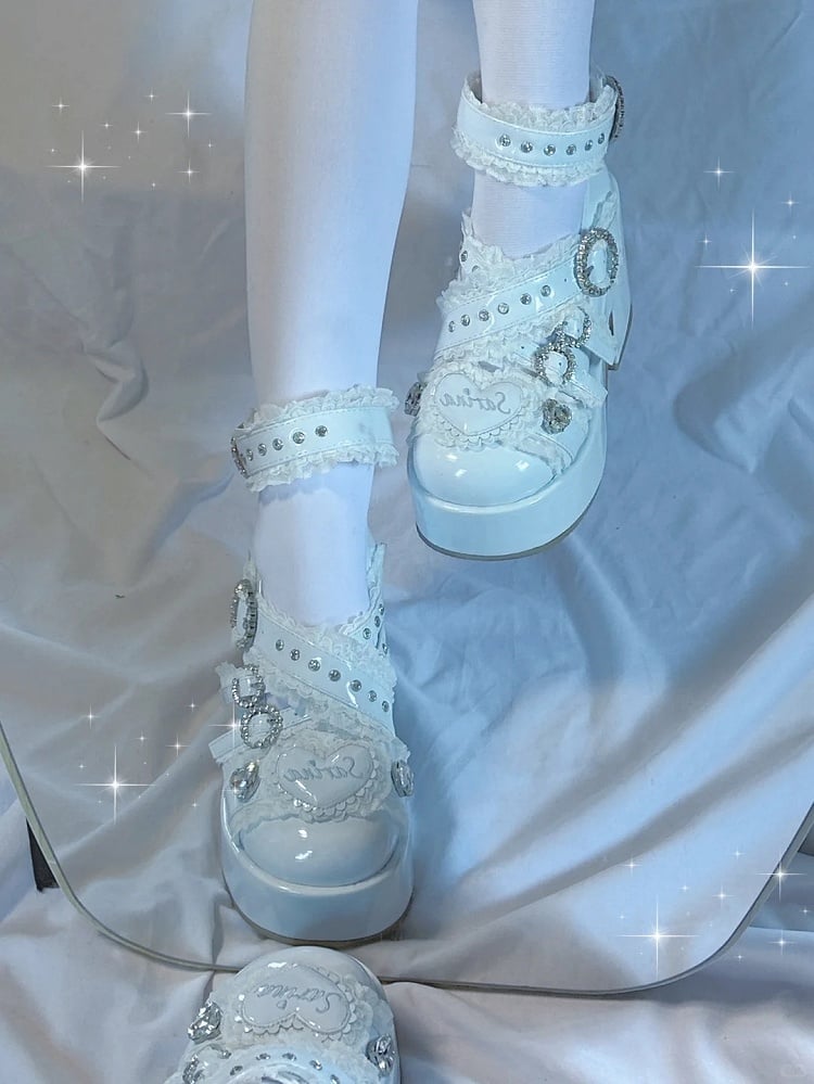 Details Plateau Strass Riemen Jirai Spitze Criss-Cross Kei mit Heels: Kaiwai Hellblau Schnalle Tenshi