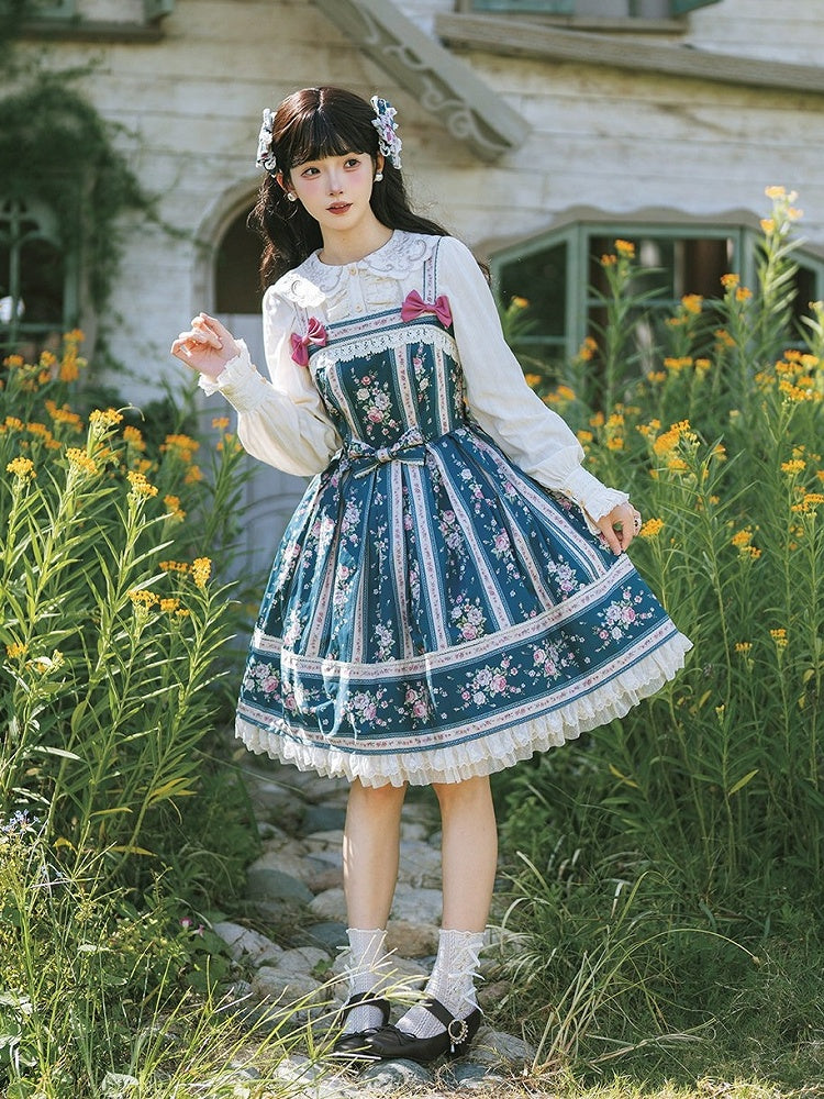 Teal Floral Print Classic Lolita JSK Dress with Back Lace-Up & Box Pleat Skirt - Miss Cube Dressworks