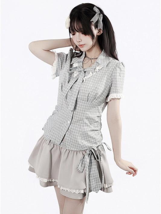 Blue Plaid Turn-down Collar Short Sleeve Shirt with Drawstring Waist & Lace - PINK SAVIOR