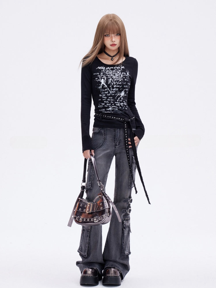 Gratis mit Taillengürtel im Y2K-Stil, schwarzer Spinnendruck, glamourös, schmal geschnittenes Oberteil