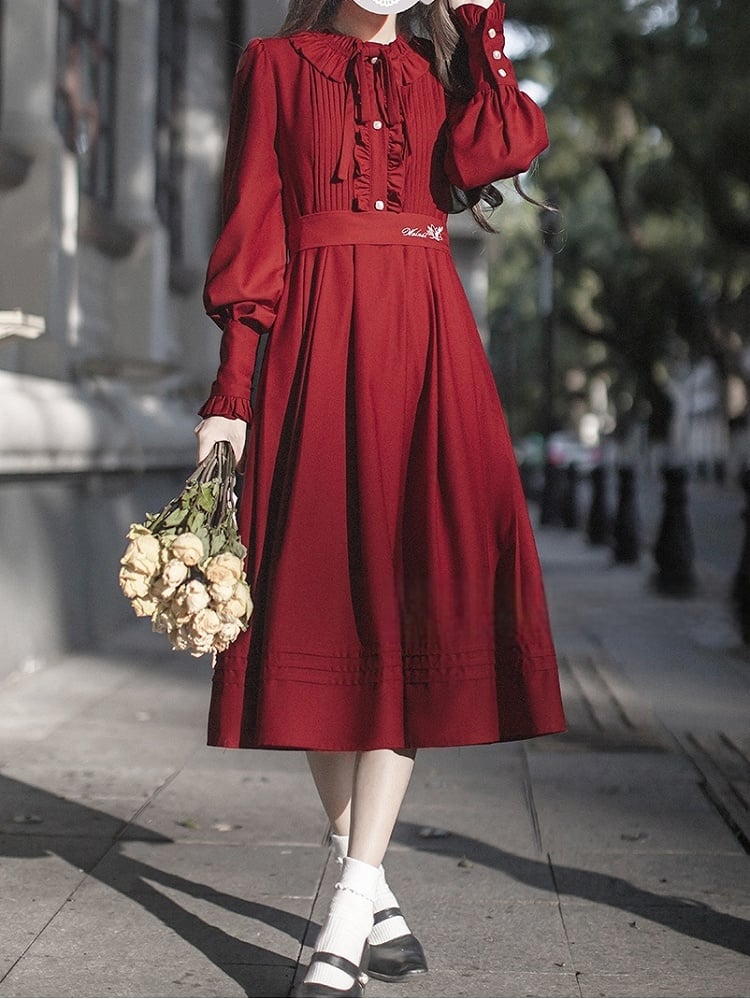 Ruffle Vintage Red Bishop Neckline Wine Dress Sleeves