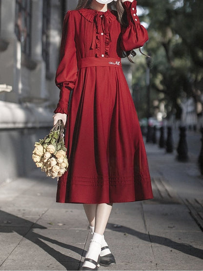 Ruffle Vintage Red Bishop Neckline Wine Dress Sleeves