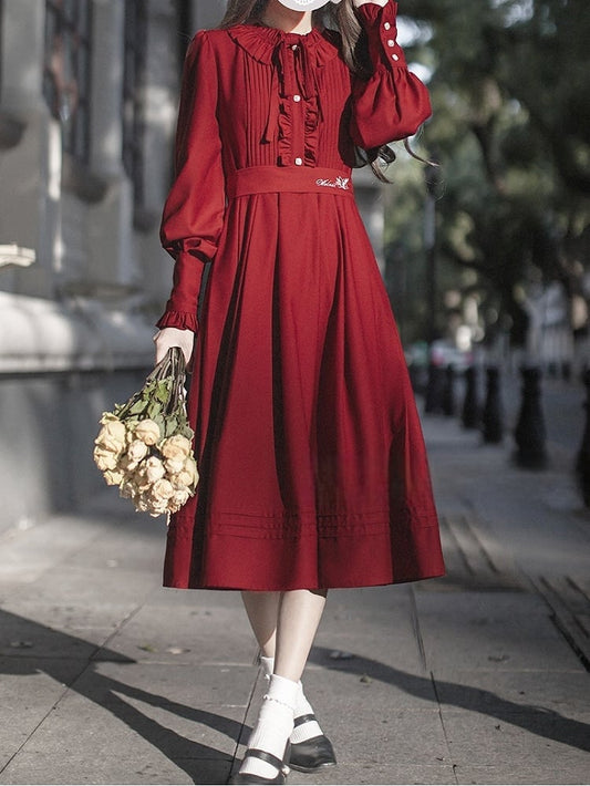 Ruffle Vintage Red Bishop Neckline Wine Dress Sleeves