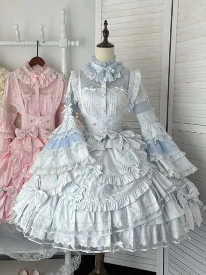 Kleid Büste Saum Rüschen Süße Akzente Schleife Lolita Lagen mit Blau Unter